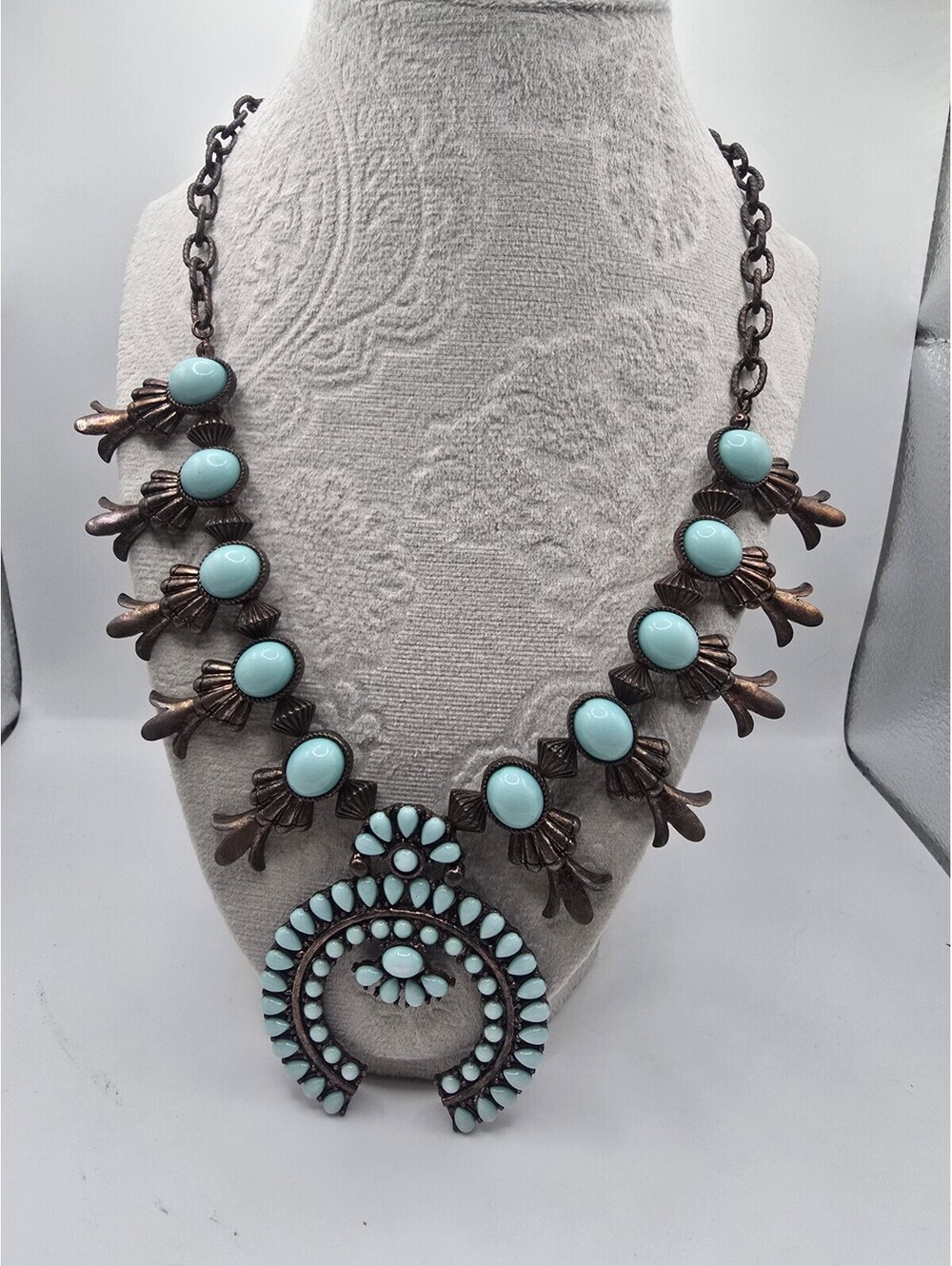 Spring Street Southwestern Squash Blossom Faux Turquoise Necklace Copper Tone